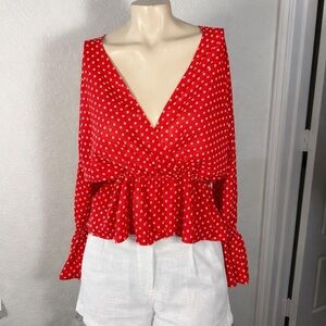 Waverly Grey Red Polka Dot Wrap Blouse Flared Sleeves XS EUC